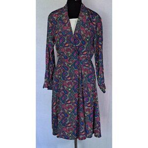 VTG Leslie Fay Fit And Flare Dress SZ 6P Paisley Blue Red Pink Green Below Knee